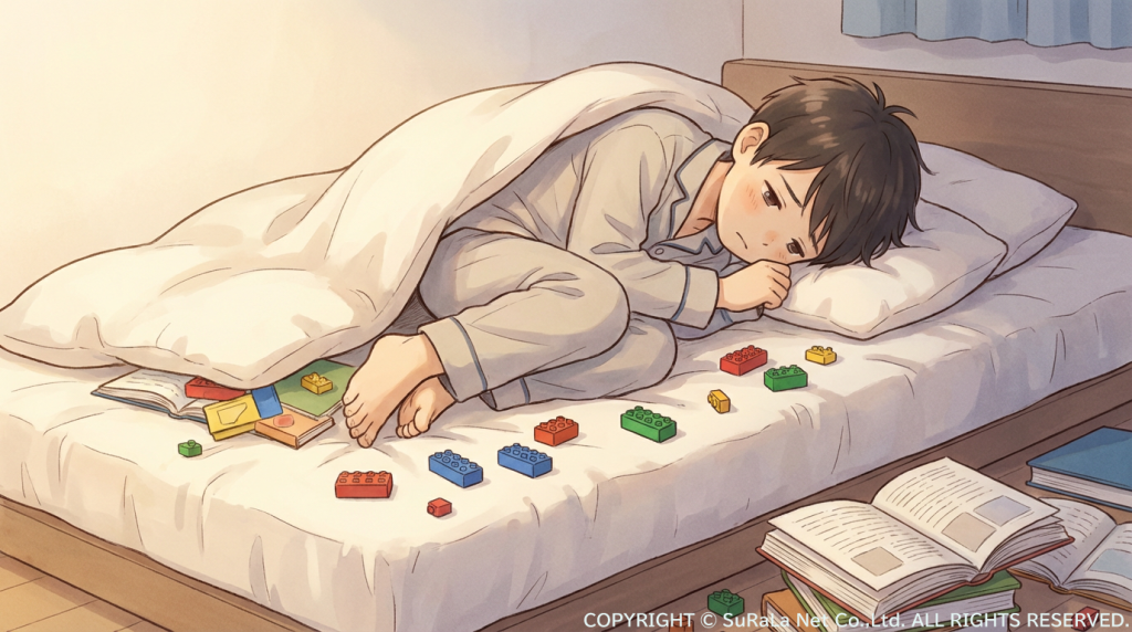 ベッドで布団にくるまり、悲しそうな表情で横たわる男の子のイラスト。周囲にはレゴブロックや本が散らかり、やる気が出ない様子。