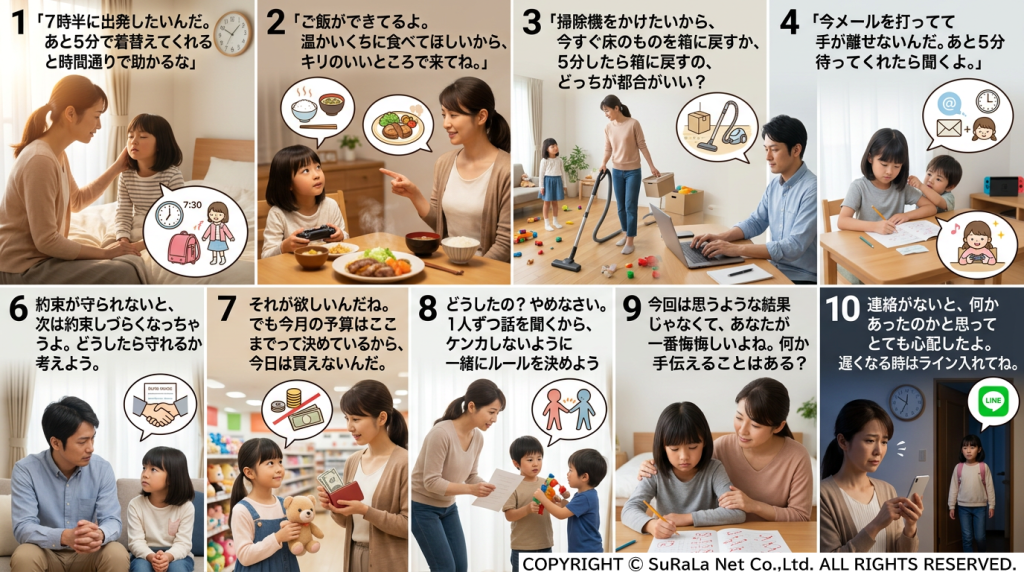 朝の支度、食事、掃除、宿題、買い物など、日常の10のシーンにおけるアサーティブ(誠実・対等・率直)な声かけの具体例一覧。