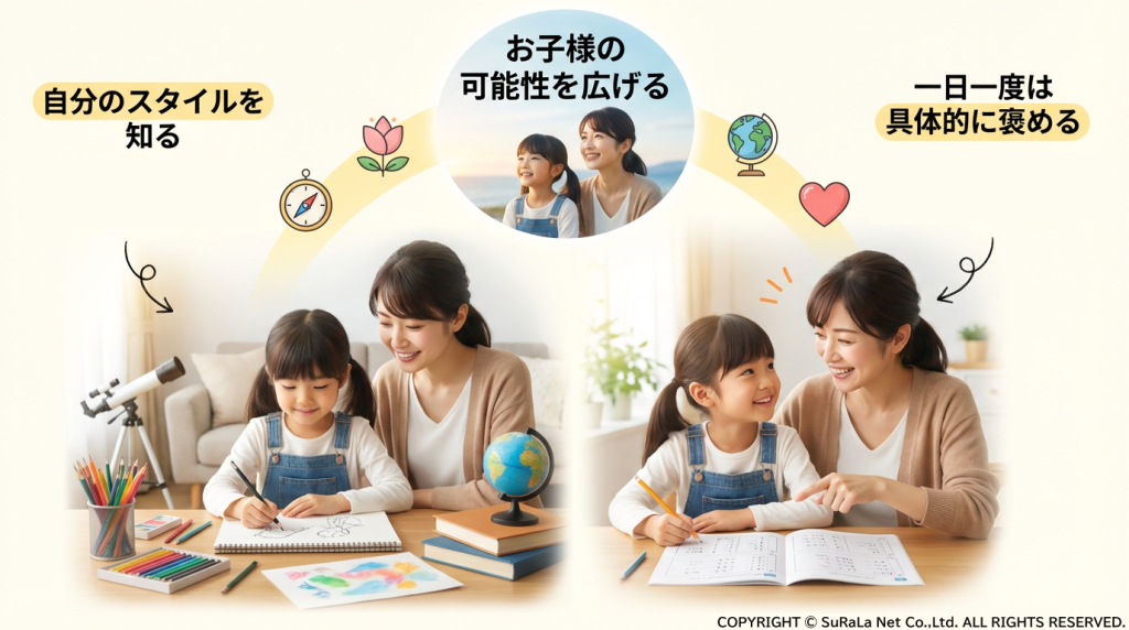 自分のスタイルを知り、具体的に褒めることで子供の可能性を広げる様子を描いたイメージ画像。