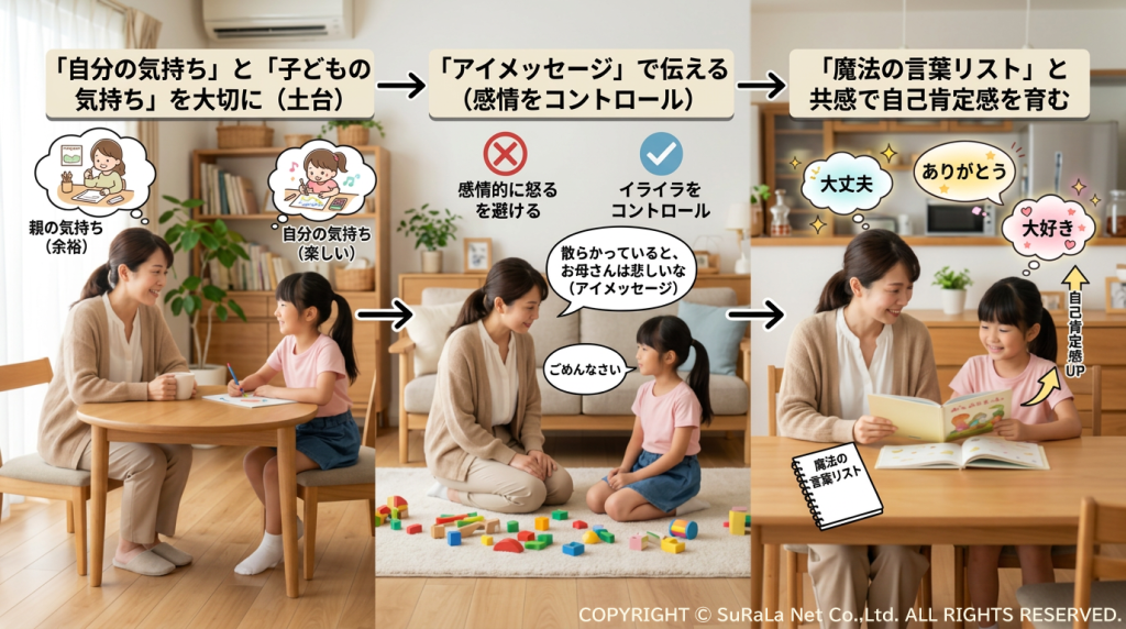親子の気持ちを大切にする土台から、アイメッセージでの感情コントロール、魔法の言葉リストでの共感までを解説した3枚の比較写真と図解。