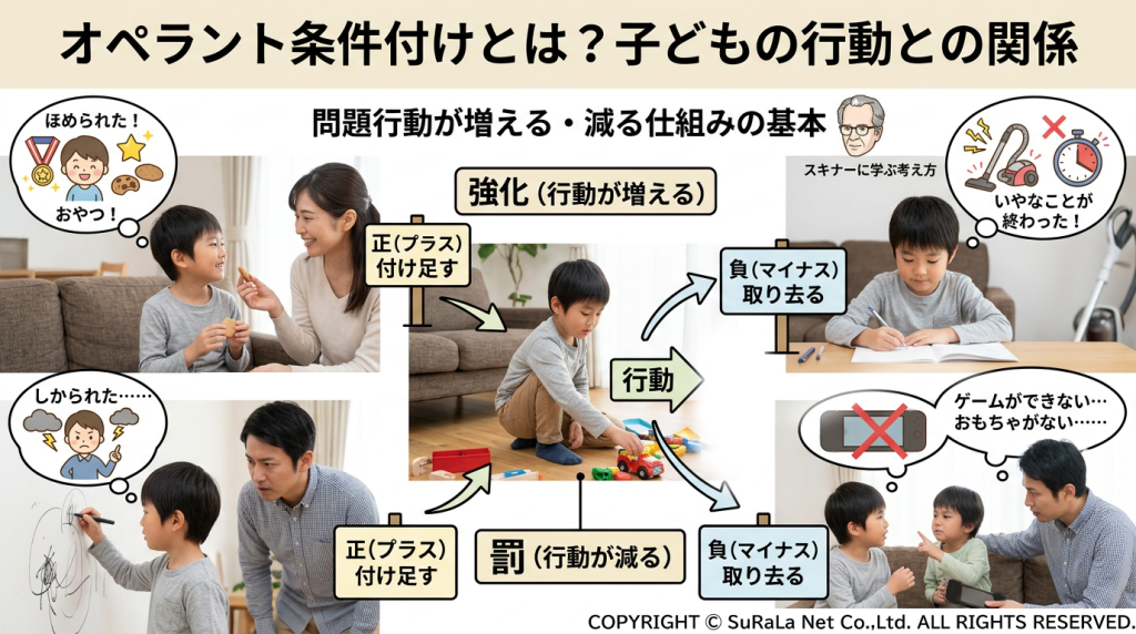 オペラント条件付けの基本モデル。行動が増える「強化」と行動が減る「罰」を、日常生活の具体例（おやつ、叱る、ゲーム等）で分類した図解。