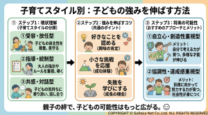 子育てスタイル（受容・放任型、指導・統制型、共感・対話型）別の特徴と、子供の強みを伸ばす3ステップ。成功体験と失敗からの学びの重要性。