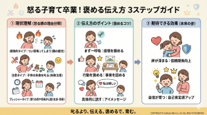 怒る子育てから卒業するための、褒める伝え方3ステップ。感情を鎮め、事実を認め、アイメッセージで具体的に伝えるコミュニケーション術。