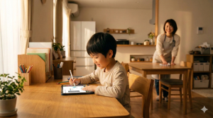 リビングのデスクでタブレット学習に集中する男の子と、背後で見守る母親の様子。