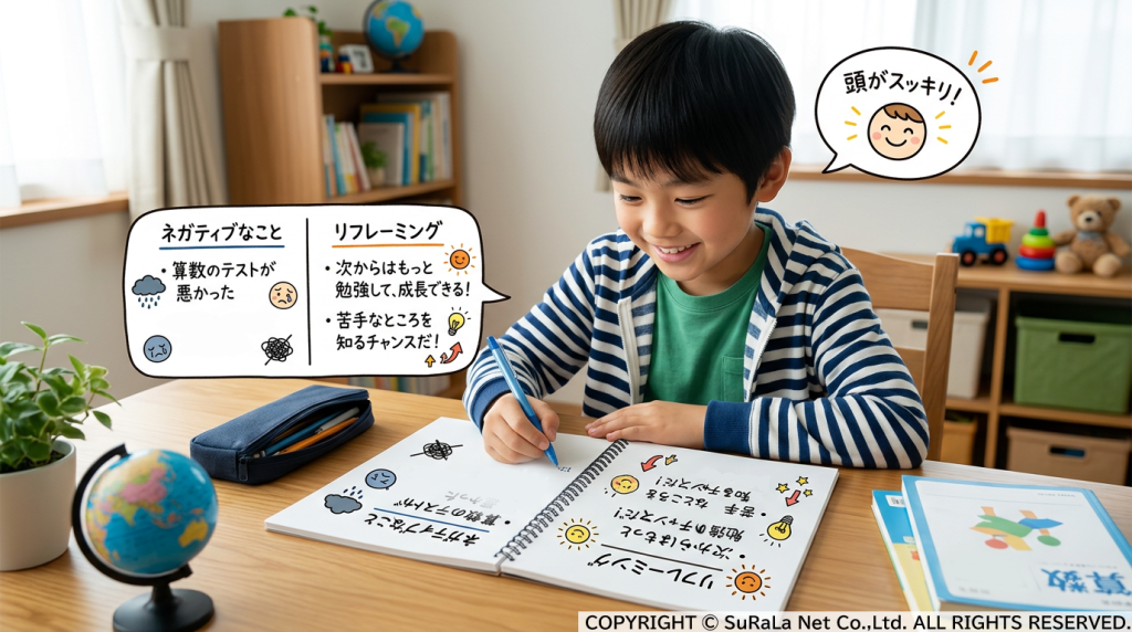 ネガティブな出来事をノートの左に、リフレーミングした考えを右に書き出して頭をスッキリさせている男の子