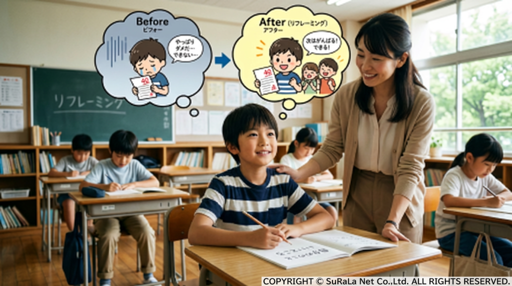 テストの点数で落ち込む子供に先生がリフレーミングを教え、前向きな気持ちに導くイメージ
