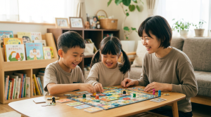 明るいリビングで母親と二人の子供が笑顔でボードゲームを楽しんでいる様子。家庭内での良好なコミュニケーションと心理的安全性が保たれたシーン。