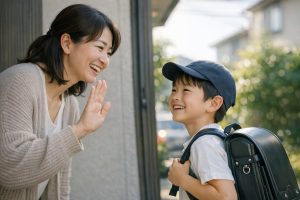 玄関先で笑顔で会話を交わす母親と小学生の男の子。円滑なコミュニケーションのイメージ。