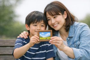 小さな額縁を一緒に持つ親子。物事の捉え方を変える「リフレーミング」を象徴するイメージ。