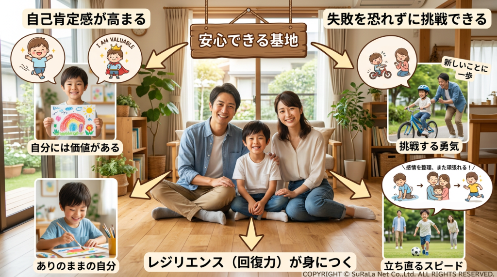 家庭を「安心できる基地」と定義し、子供の自己肯定感の向上、失敗を恐れない挑戦、レジリエンス（回復力）の習得プロセスを示したインフォグラフィック。