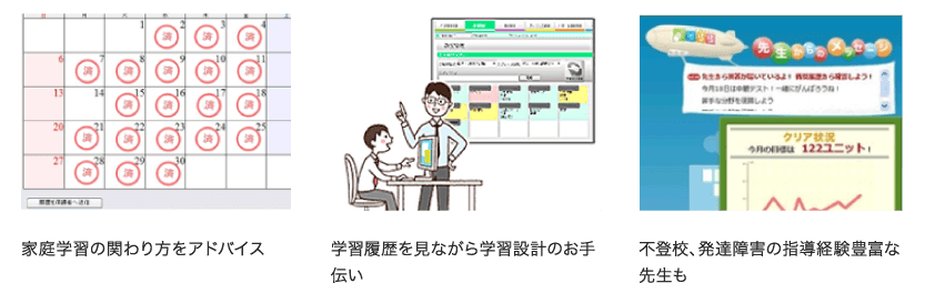 家庭学習の関わり方をアドバイス 学習履歴を見ながら学習設計のお手伝い 不登校、発達障害の指導経験豊富な先生も