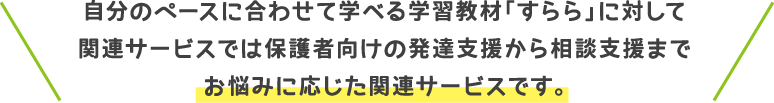 自分のペースに合わせて学べる学習教材「すらら」に対して関連サービスでは保護者向けの発達支援から相談支援までお悩みに応じた関連サービスです。