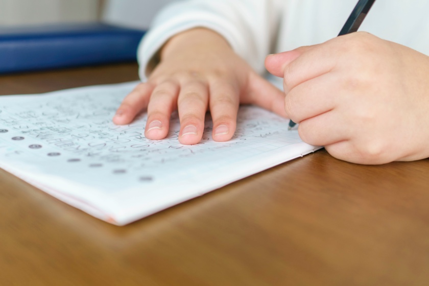 漢字の書き取りをする小学生