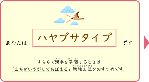 あなたはハヤブサタイプです。すららで漢字を学習するときは「まちがいさがしでおぼえる」勉強方法がおすすめです。