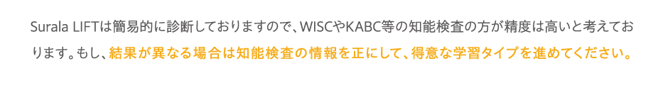 結果が異なる場合は知能検査の情報を正にして、得意な学習タイプを進めてください。