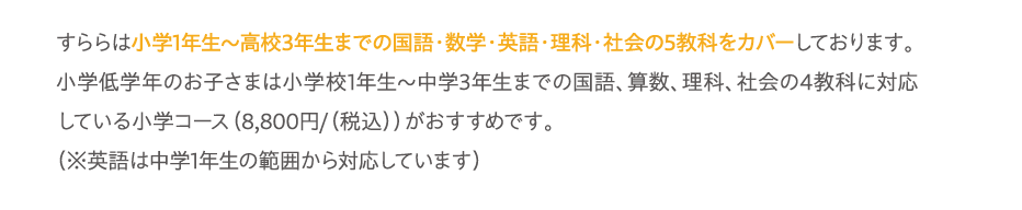 すららは小学1年生～高校3年生までの国語・数学・英語・理科・社会の5教科をカバーしております。