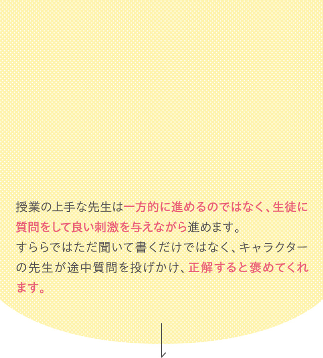 授業の上手な先生は一方的に進めるのではなく、生徒に質問をして良い刺激を与えながら進めます。