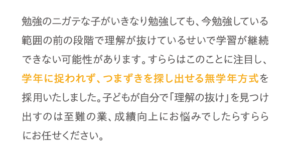 勉強のニガテな子がいきなり勉強しても、今勉強している範囲の前の段階で理解が抜けているせいで学習が継続できない可能性があります。すららはこのことに注目し、学年に捉われず、つまずきを探し出せる無学年方式を採用いたしました。