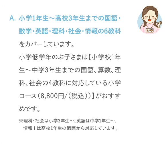 小学1年生〜高校3年生までの国語・数学・英語・理科・社会・情報の6教科をカバーしています。